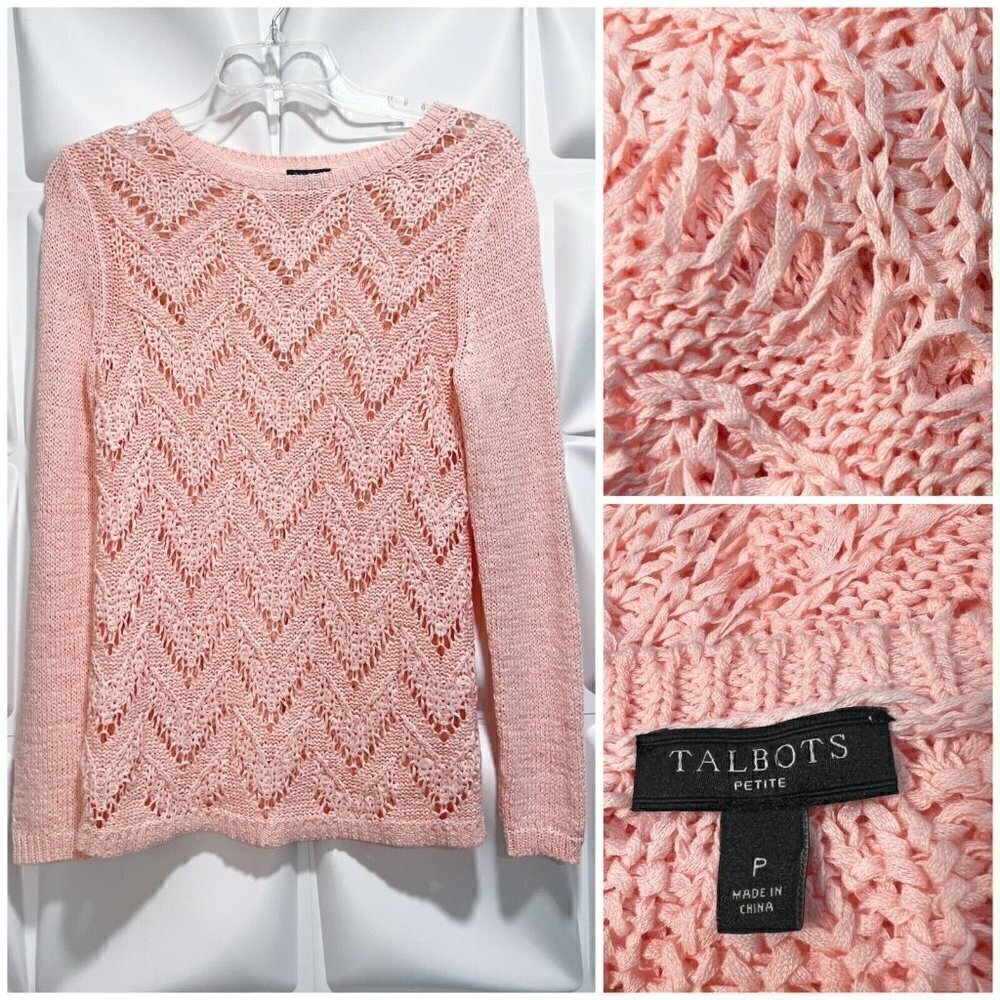 Talbots Sz P XS Pink Peach Pointelle Open Knit Sweater Cotton Nylon Womens